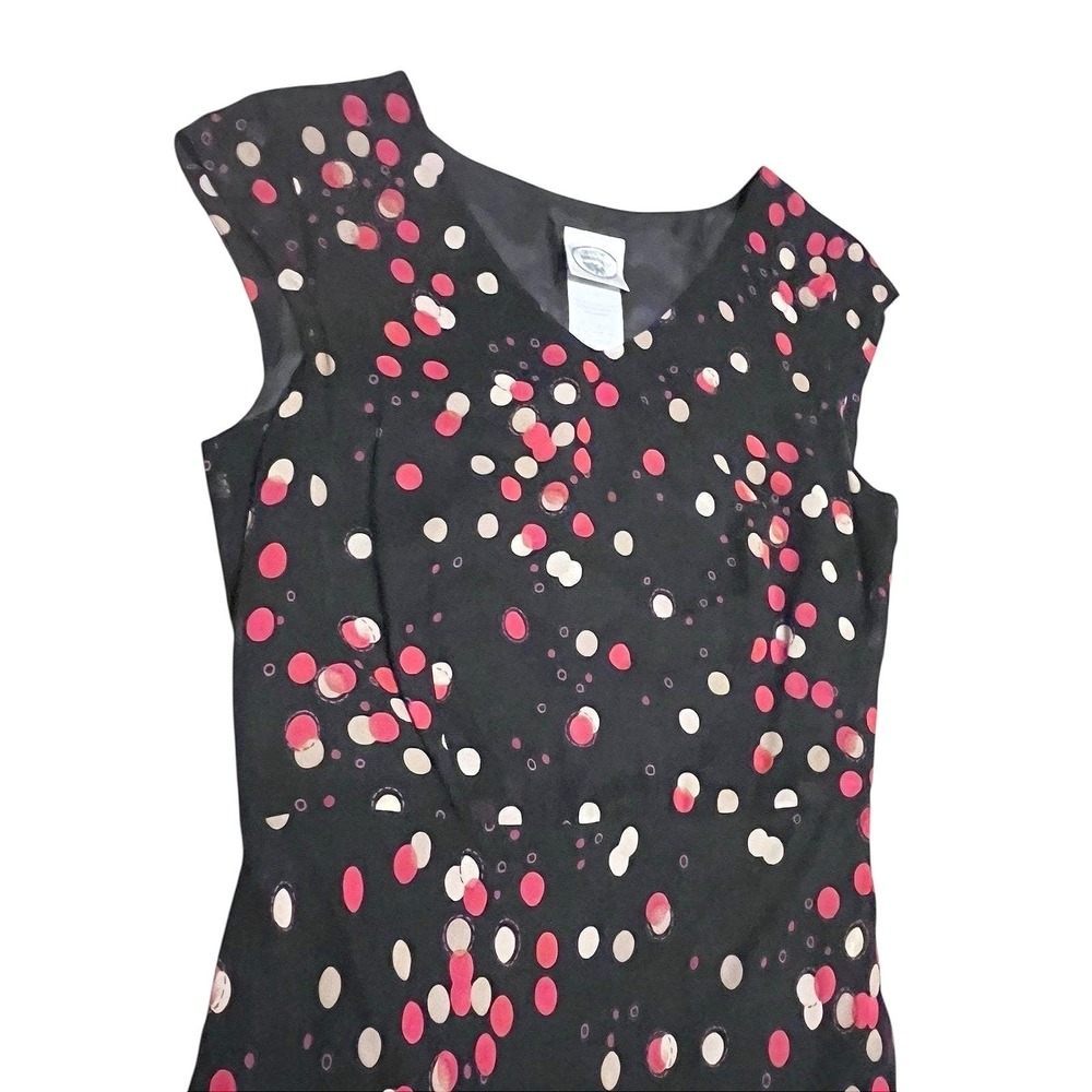 Laura Ashley Black Pink Polka Dot V-Neck Sleeveless Midi Dress Womens Size 6